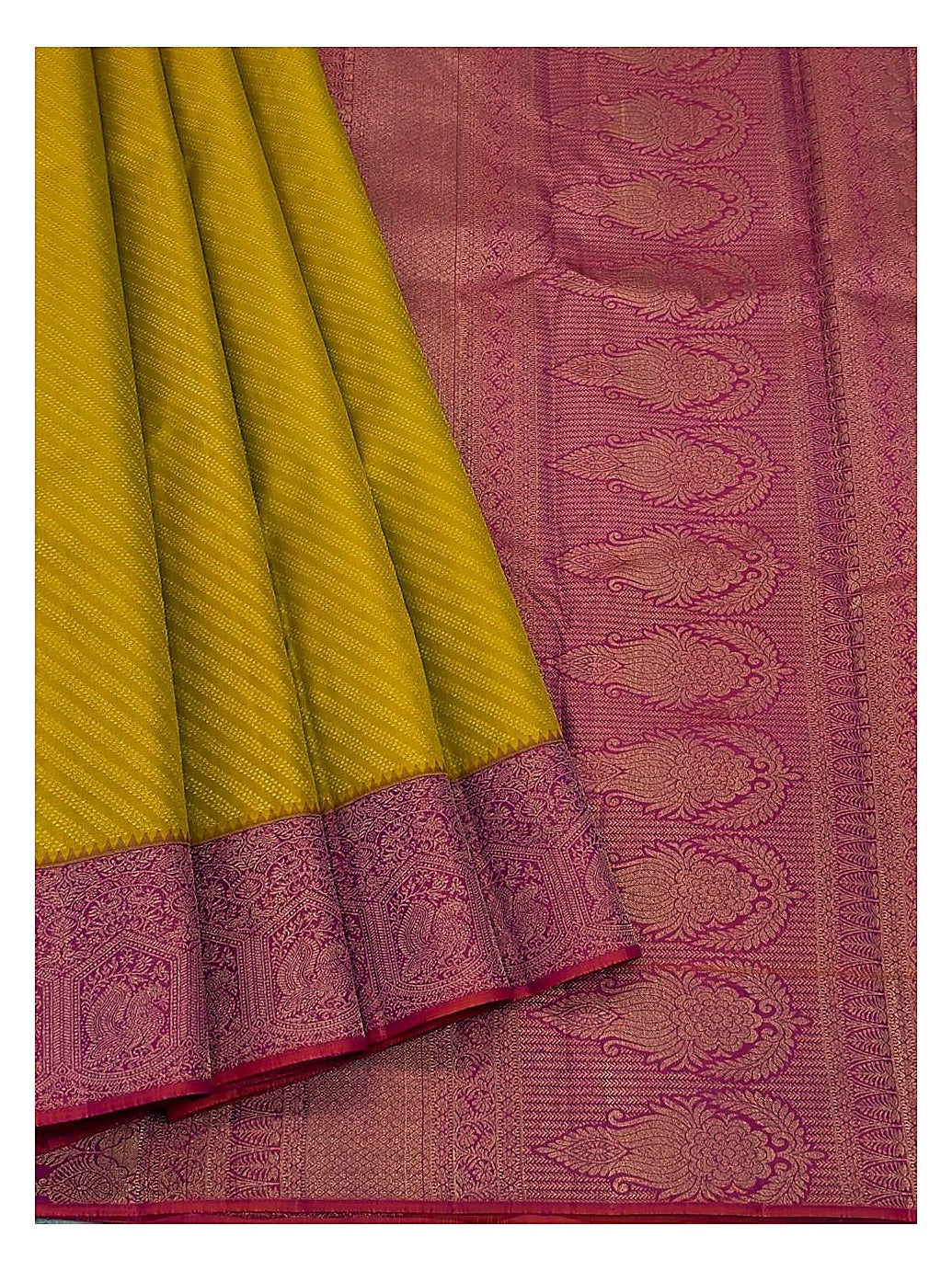 Pure Silk Saree - Mustard with Contrast Pink Woven Border