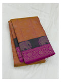 Mustard pure silk saree with magenta floral border and elephant motif detailing