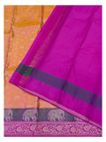Mustard pure silk saree with bright magenta pallu and elephant motif floral border