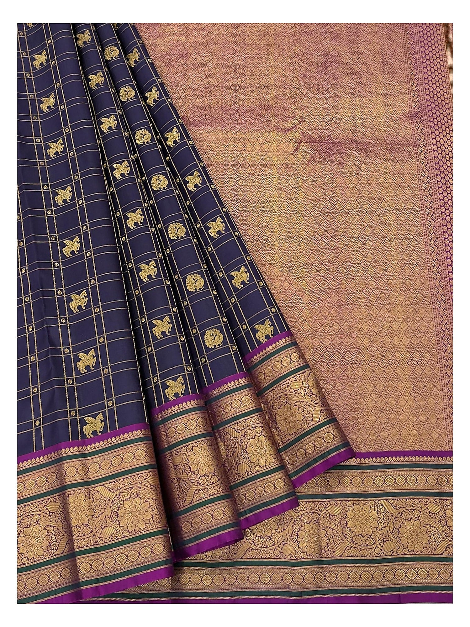 Pure Silk Saree - Navy with Peacock Checks and Magenta Zari Border front view
