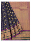 Pure Silk Saree - Navy with Peacock Checks and Magenta Zari Border front view
