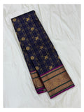 Pure Silk Saree - Navy with Peacock Checks and Magenta Zari Border