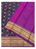 Pure Silk Saree - Navy with Peacock Checks and Magenta Zari Border
