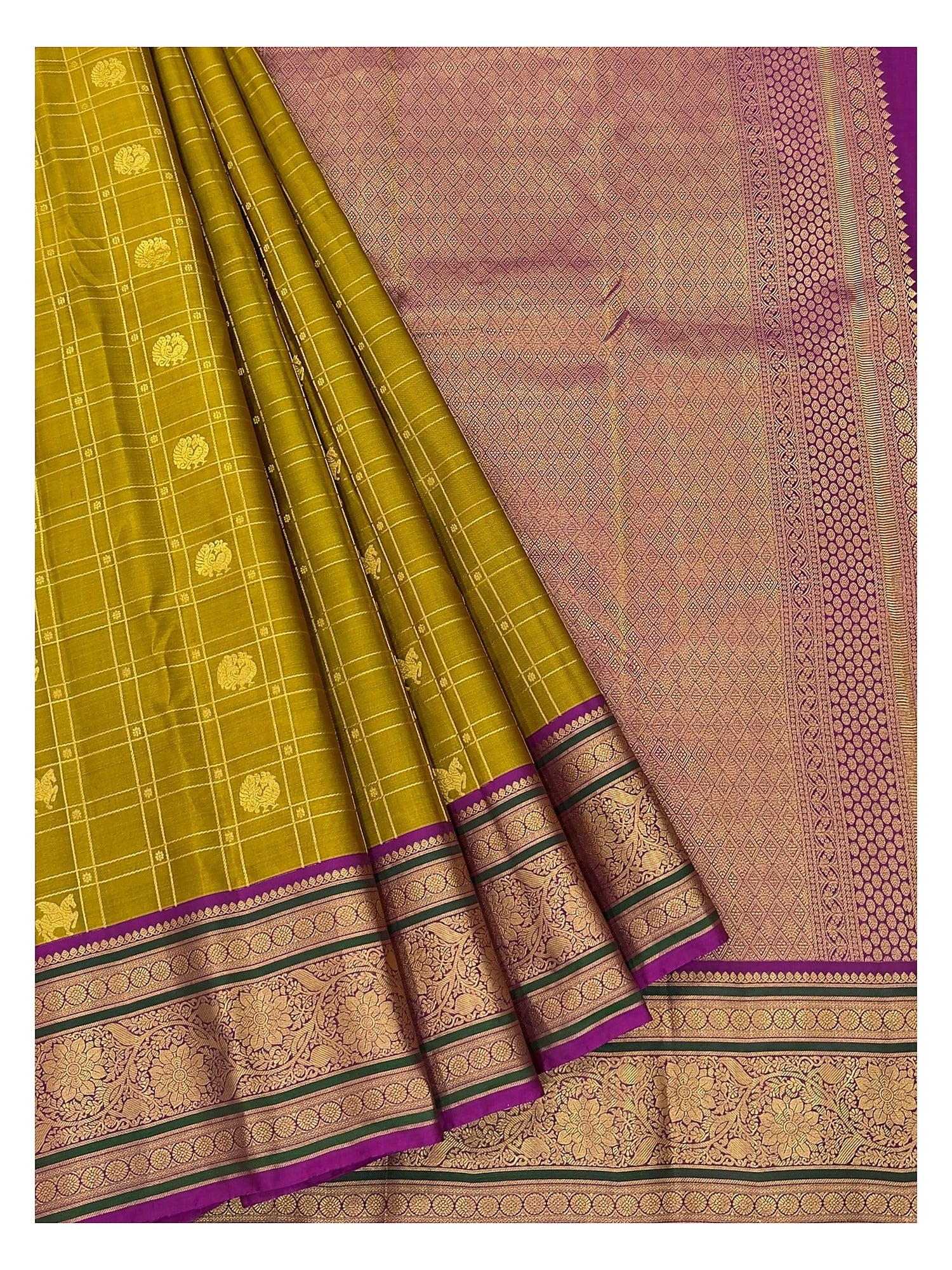 Pure Silk Saree - Olive Gold with Magenta Zari Border front view
