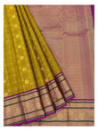 Pure Silk Saree - Olive Gold with Magenta Zari Border front view