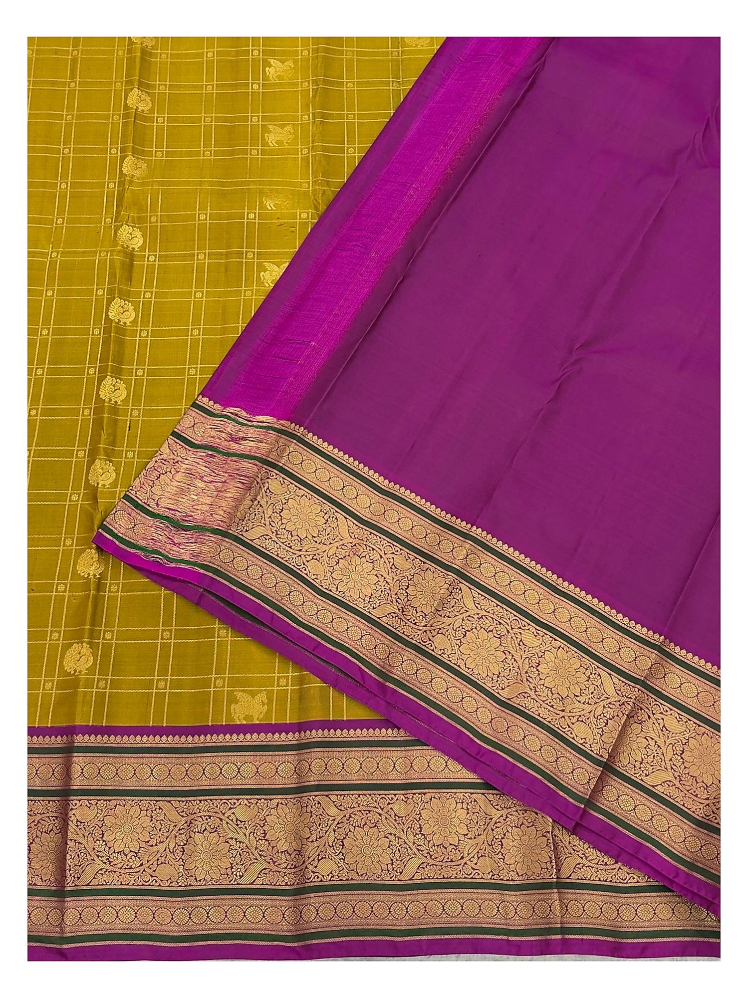 Pure Silk Saree - Olive Gold with Magenta Zari Border front view