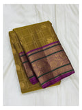 Pure Silk Saree - Olive Gold with Magenta Zari Border front view