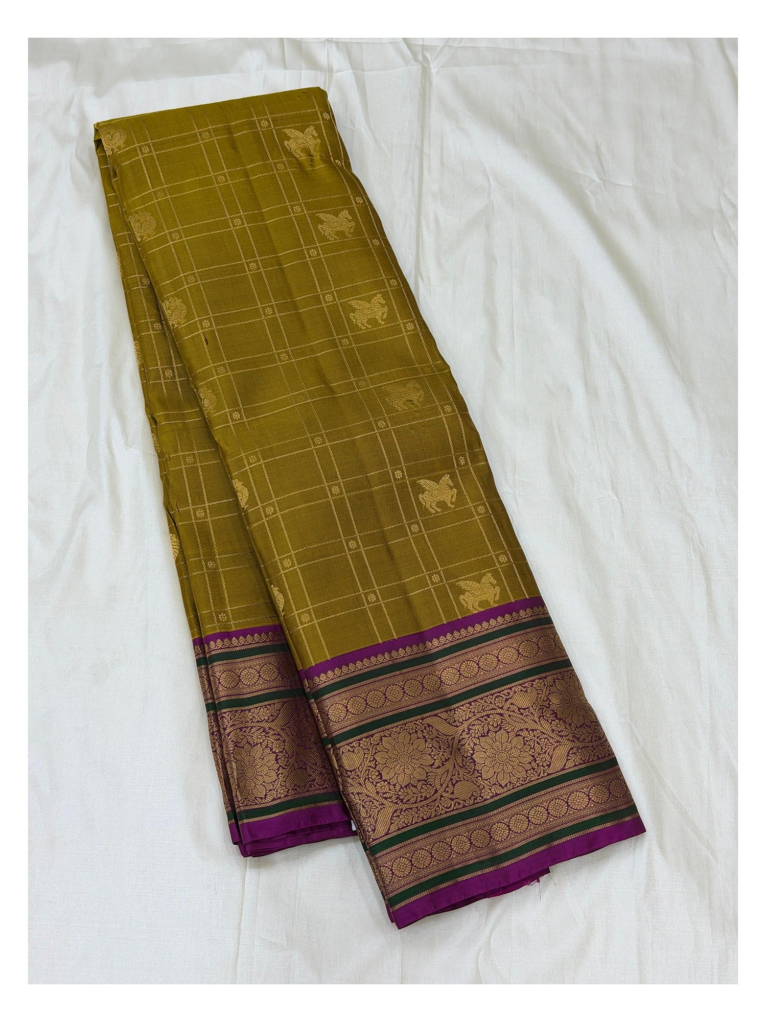 Pure Silk Saree - Olive Gold with Magenta Zari Border