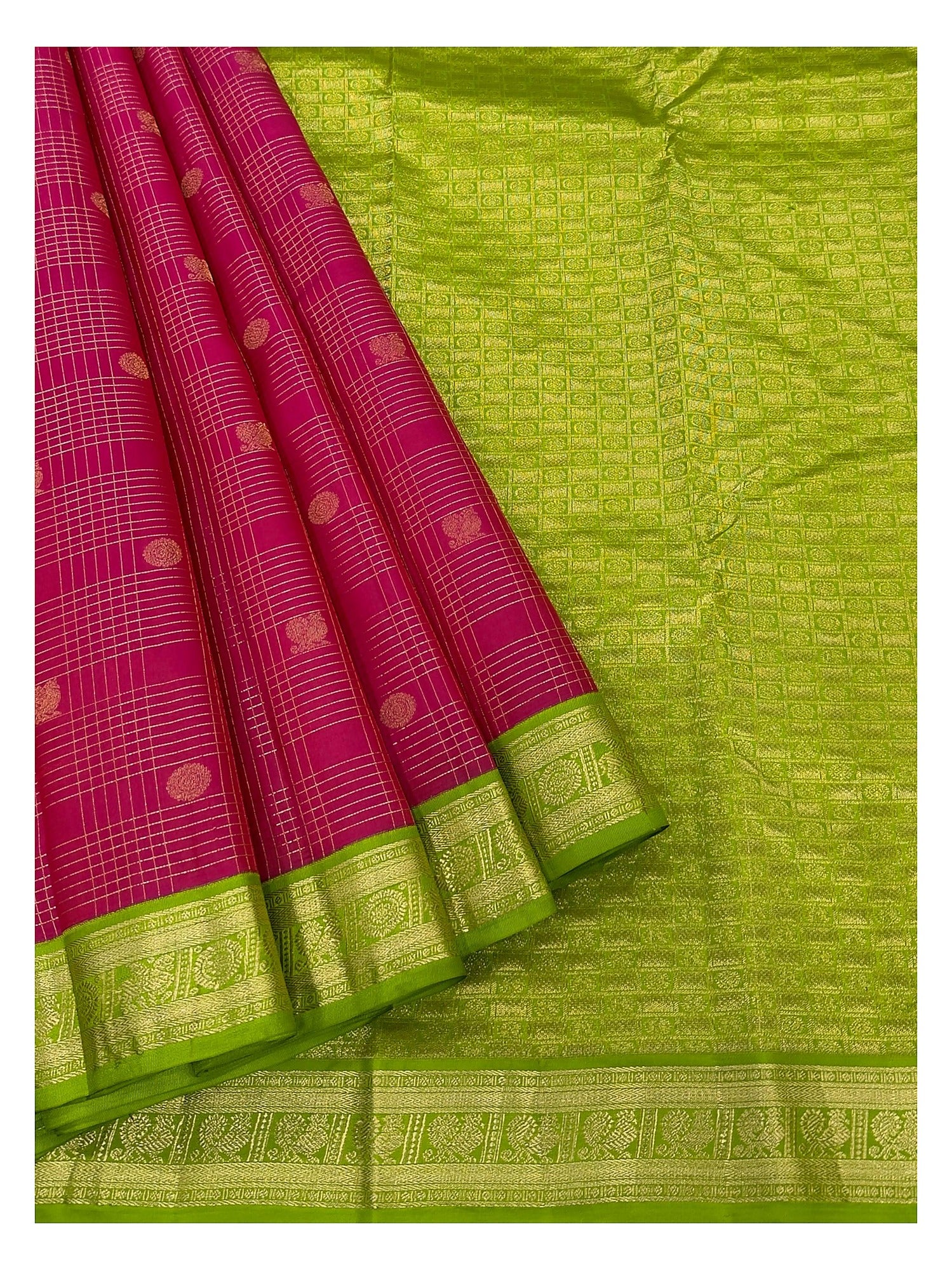 Pure Silk Saree - Rani Pink with Green Zari Border front view