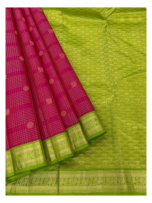 Pure Silk Saree - Rani Pink with Green Zari Border front view