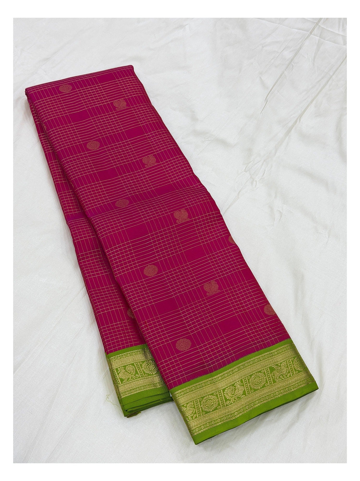 Pure Silk Saree - Rani Pink with Green Zari Border