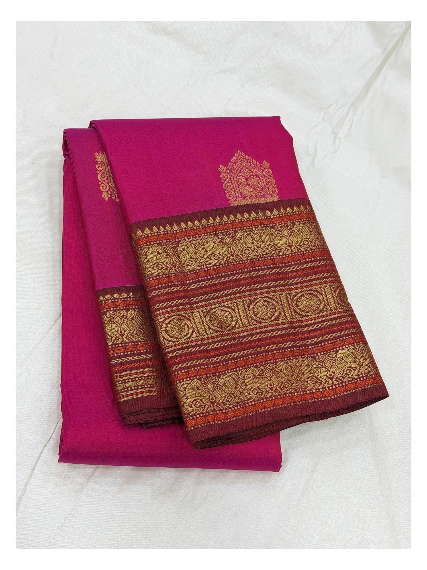 Pure Silk Saree - Rani Pink with Maroon Zari Border front view