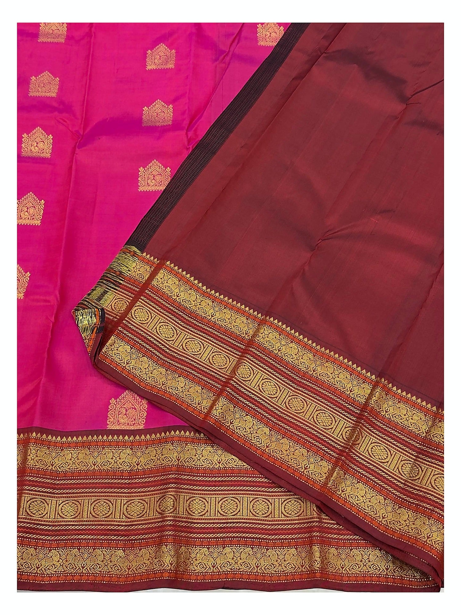 Pure Silk Saree - Rani Pink with Maroon Zari Border