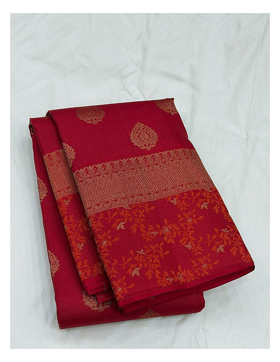 Pure Silk Saree - Red with Gold-Toned Buttas and Floral Pallu front view