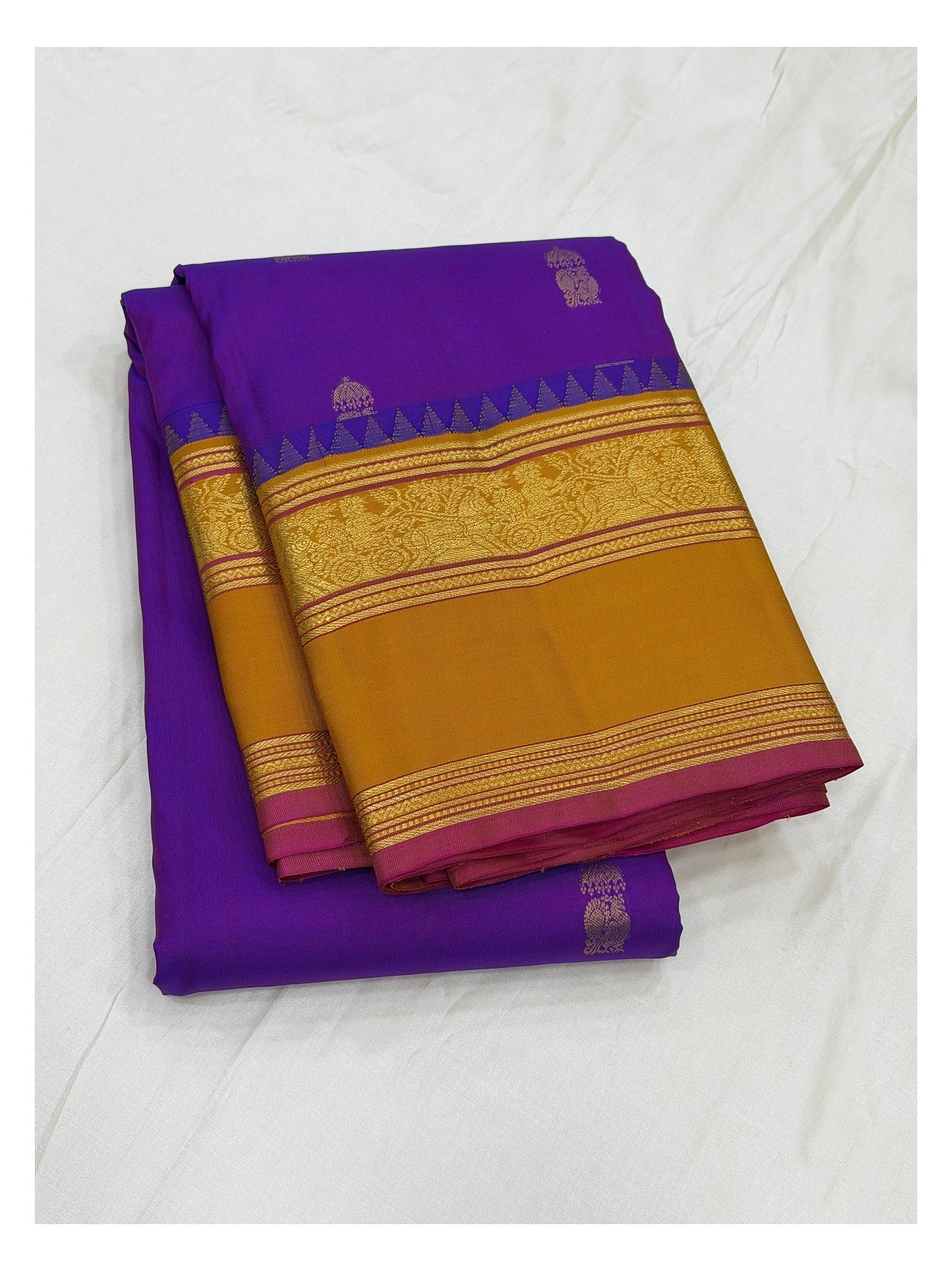 Pure Silk Saree - Royal Purple with Mustard Zari Border front view