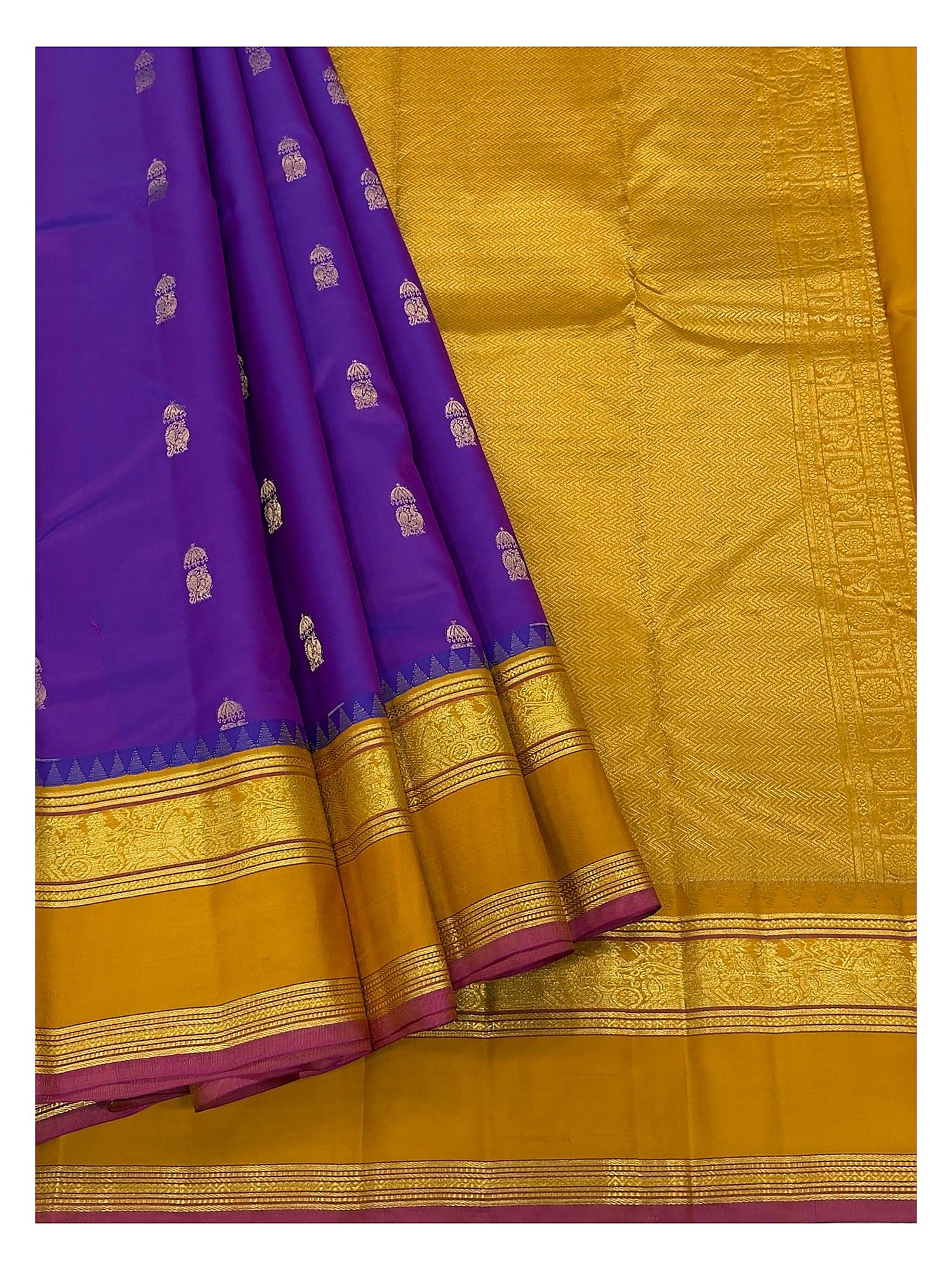 Pure Silk Saree - Royal Purple with Mustard Zari Border front view
