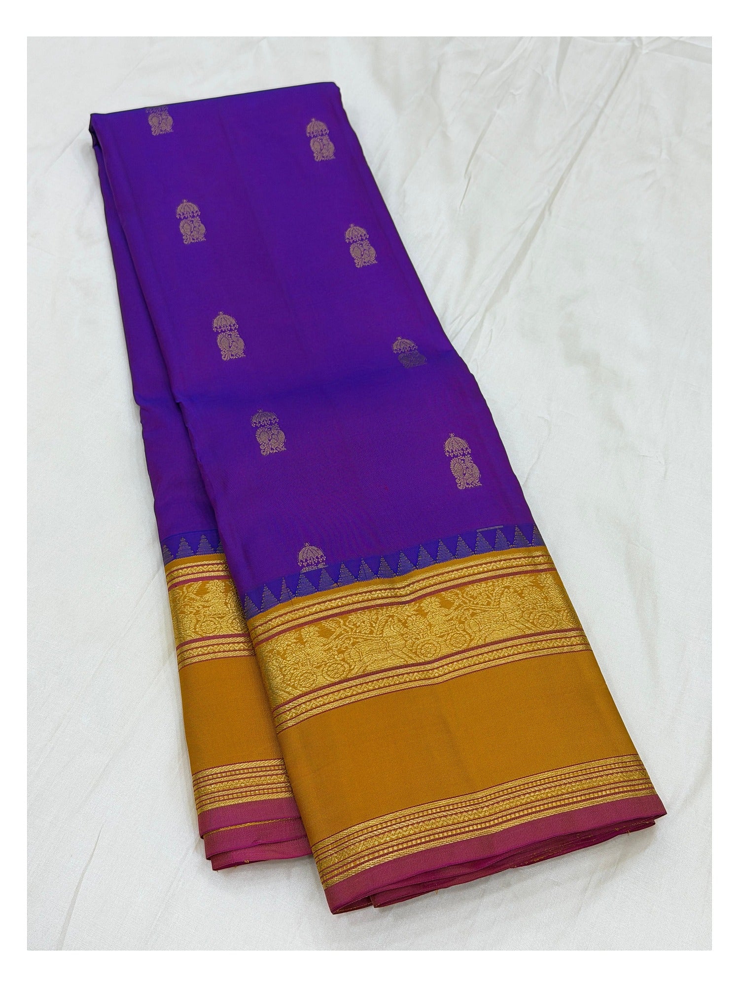 Pure Silk Saree - Royal Purple with Mustard Zari Border