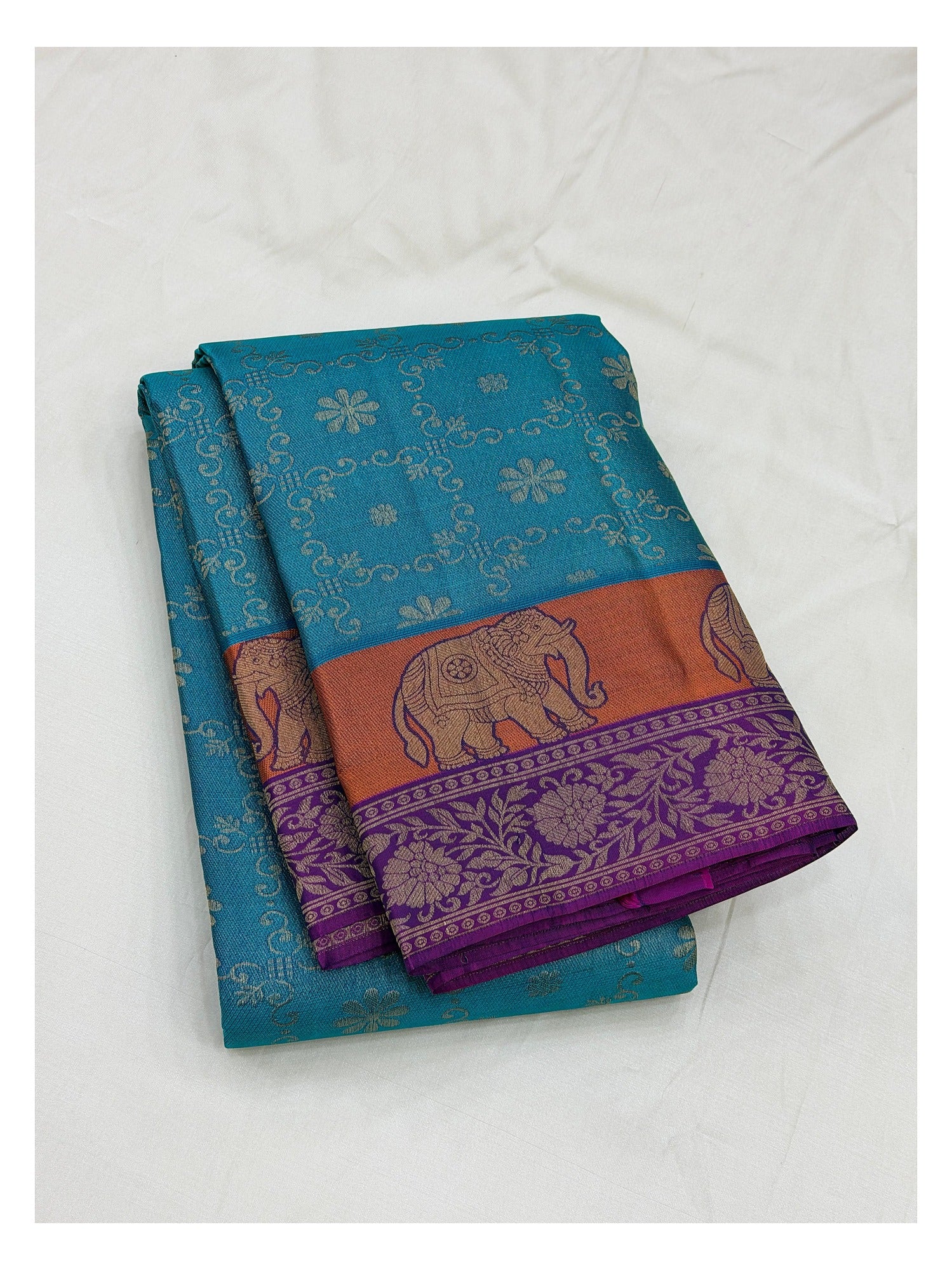 Pure Silk Saree - Teal Blue with Elephant Border and Purple Pallu front view