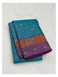 Pure Silk Saree - Teal Blue with Elephant Border and Purple Pallu front view