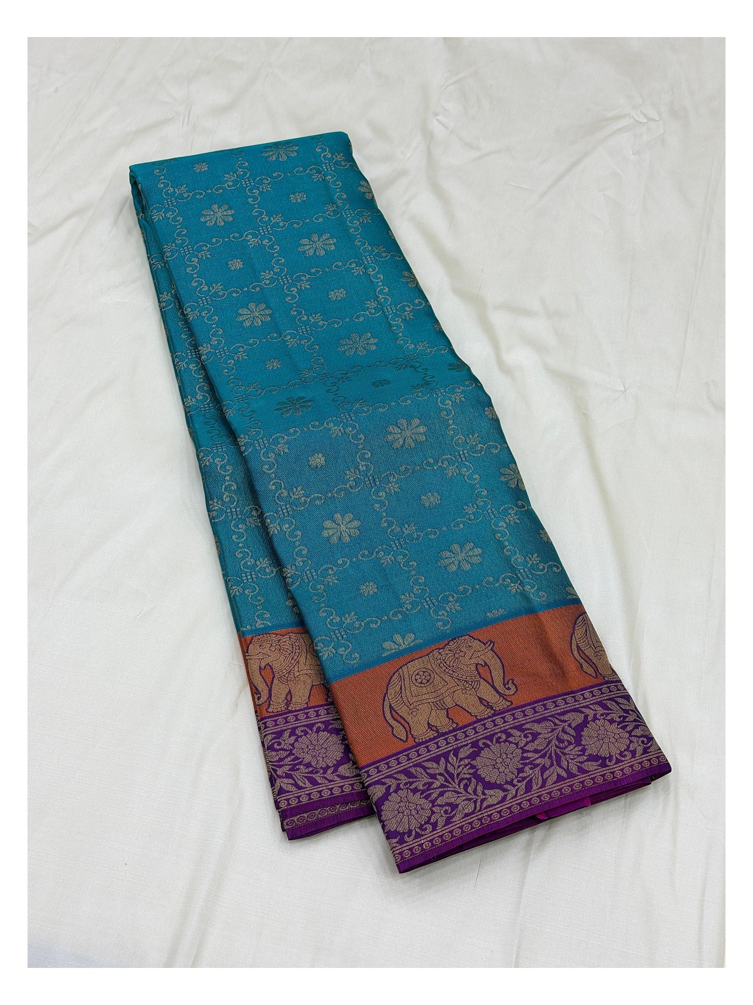 Pure Silk Saree - Teal Blue with Elephant Border and Purple Pallu
