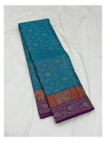 Pure Silk Saree - Teal Blue with Elephant Border and Purple Pallu