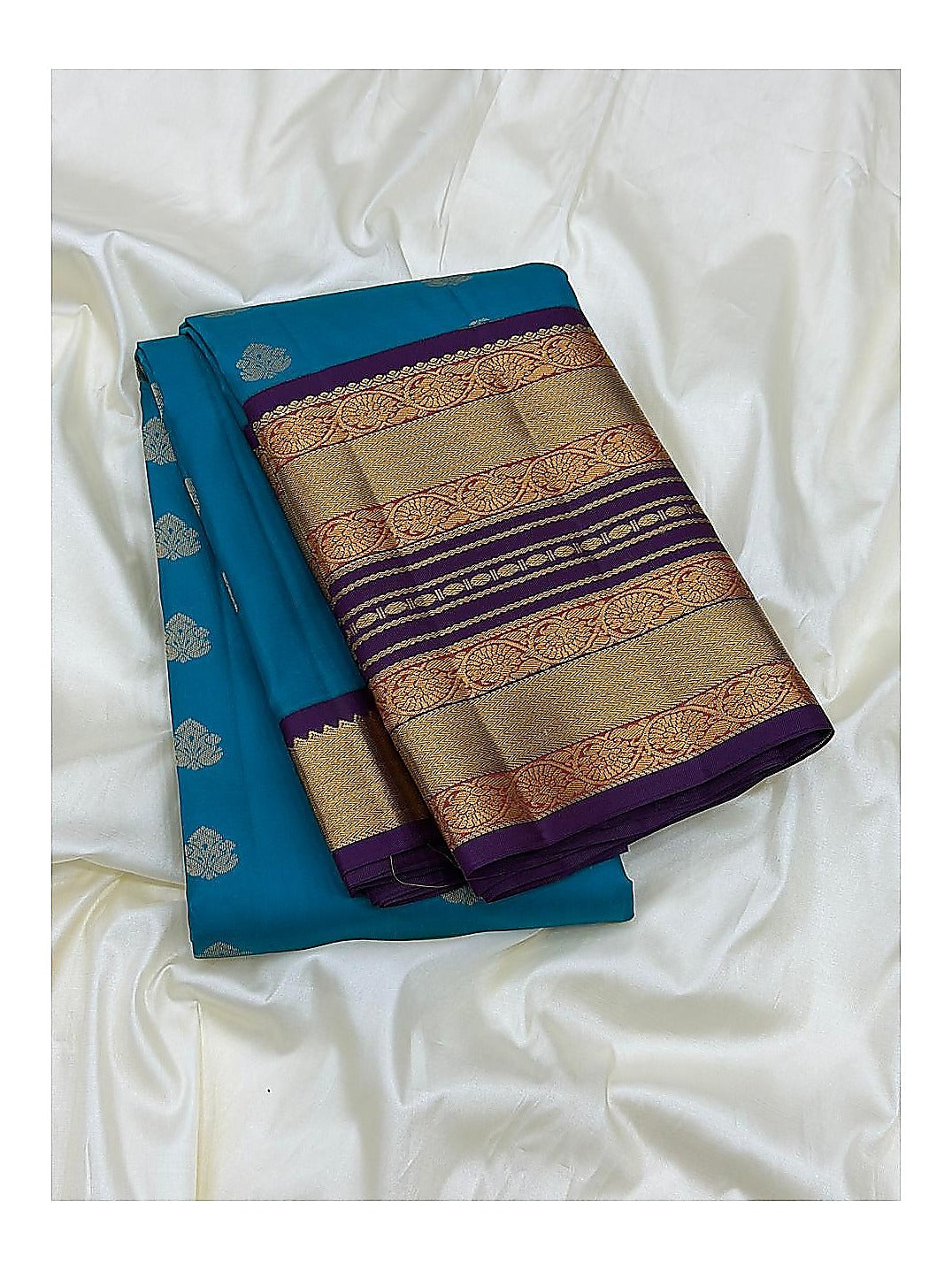 Pure Silk Saree - Teal with Purple Contrast Border front view