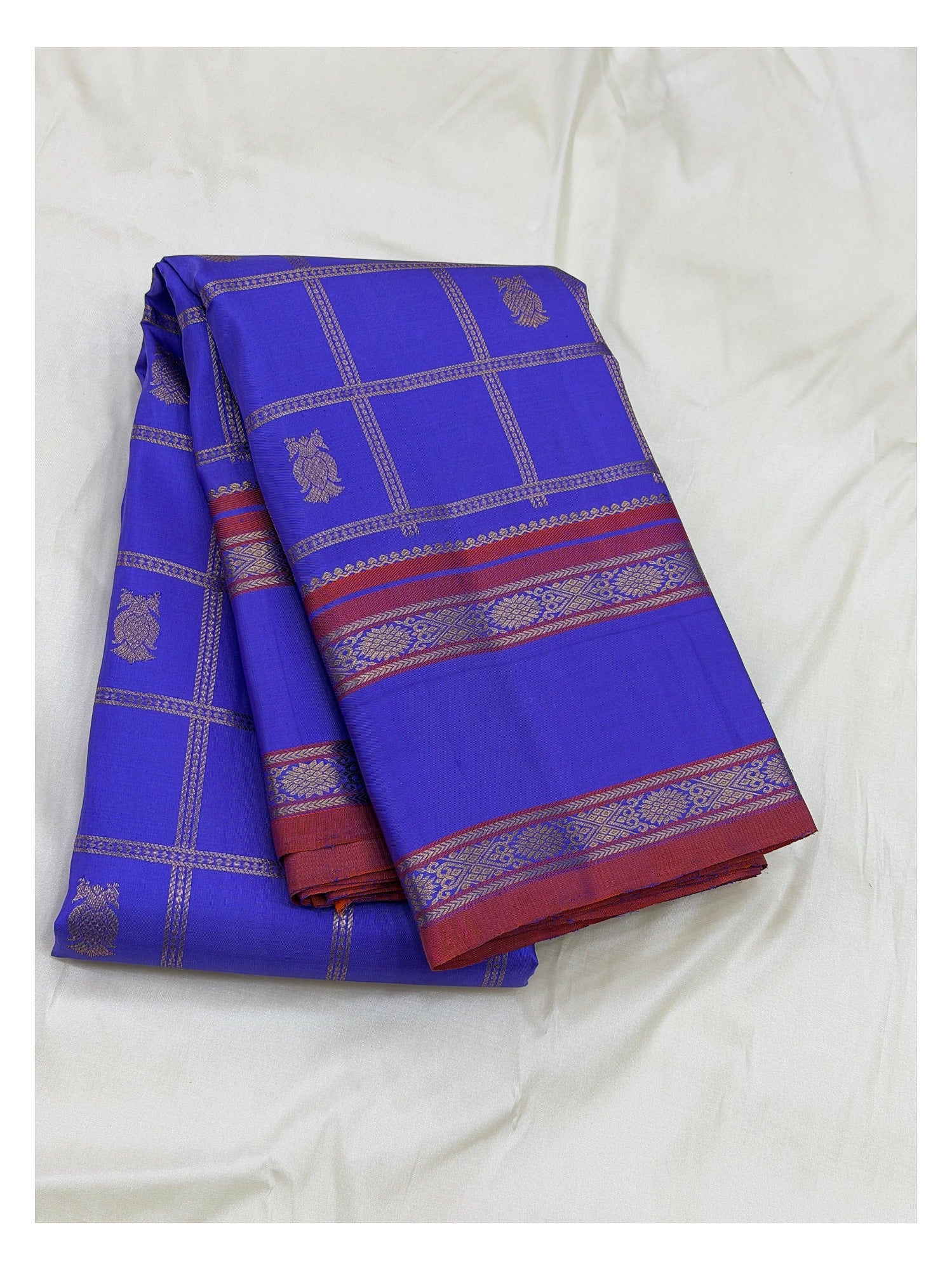 Purple Handwoven Kanchipuram Silk Saree with Maroon Border front view