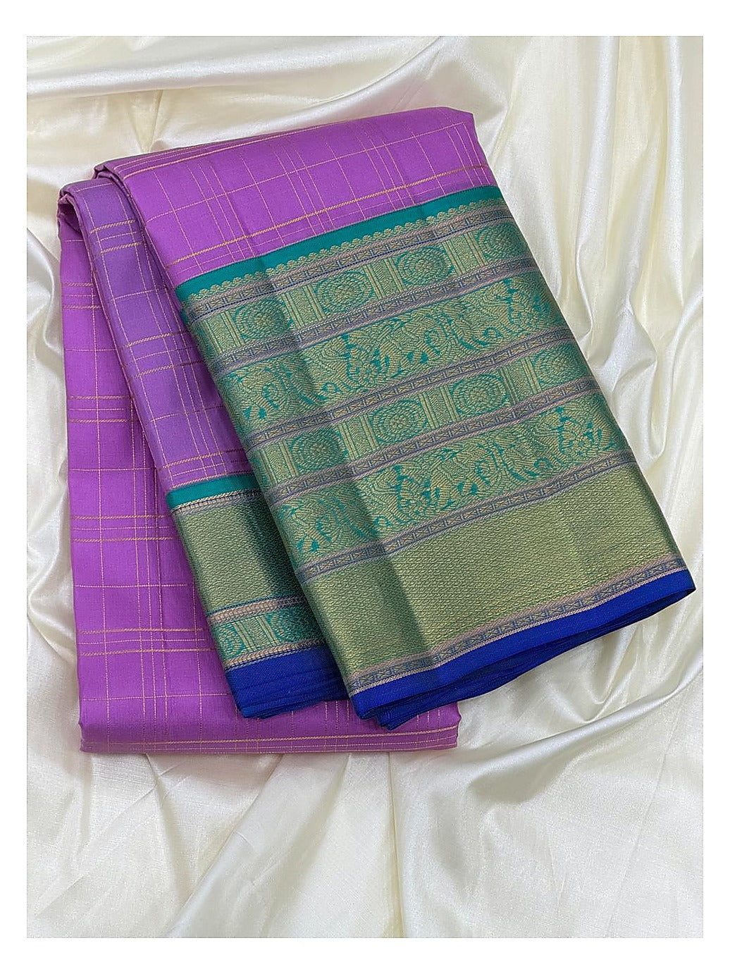 Purple Pure Silk Saree with Teal Bird Motif Border and Gold Check Body front view