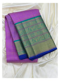 Purple Pure Silk Saree with Teal Bird Motif Border and Gold Check Body front view
