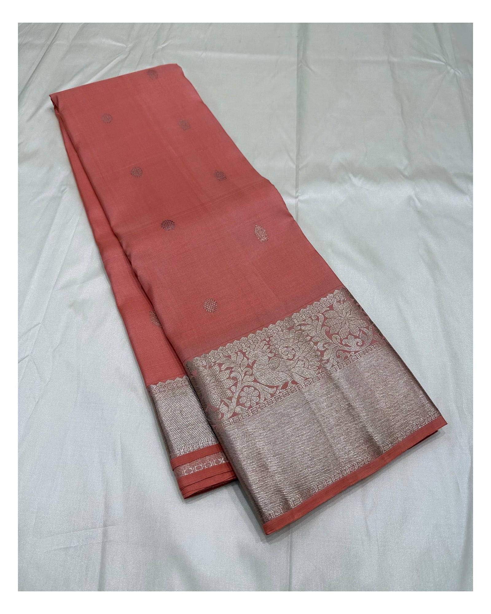 Rose Pink Handwoven Kanchipuram Silk Saree with Butta Motifs and Floral Zari Border