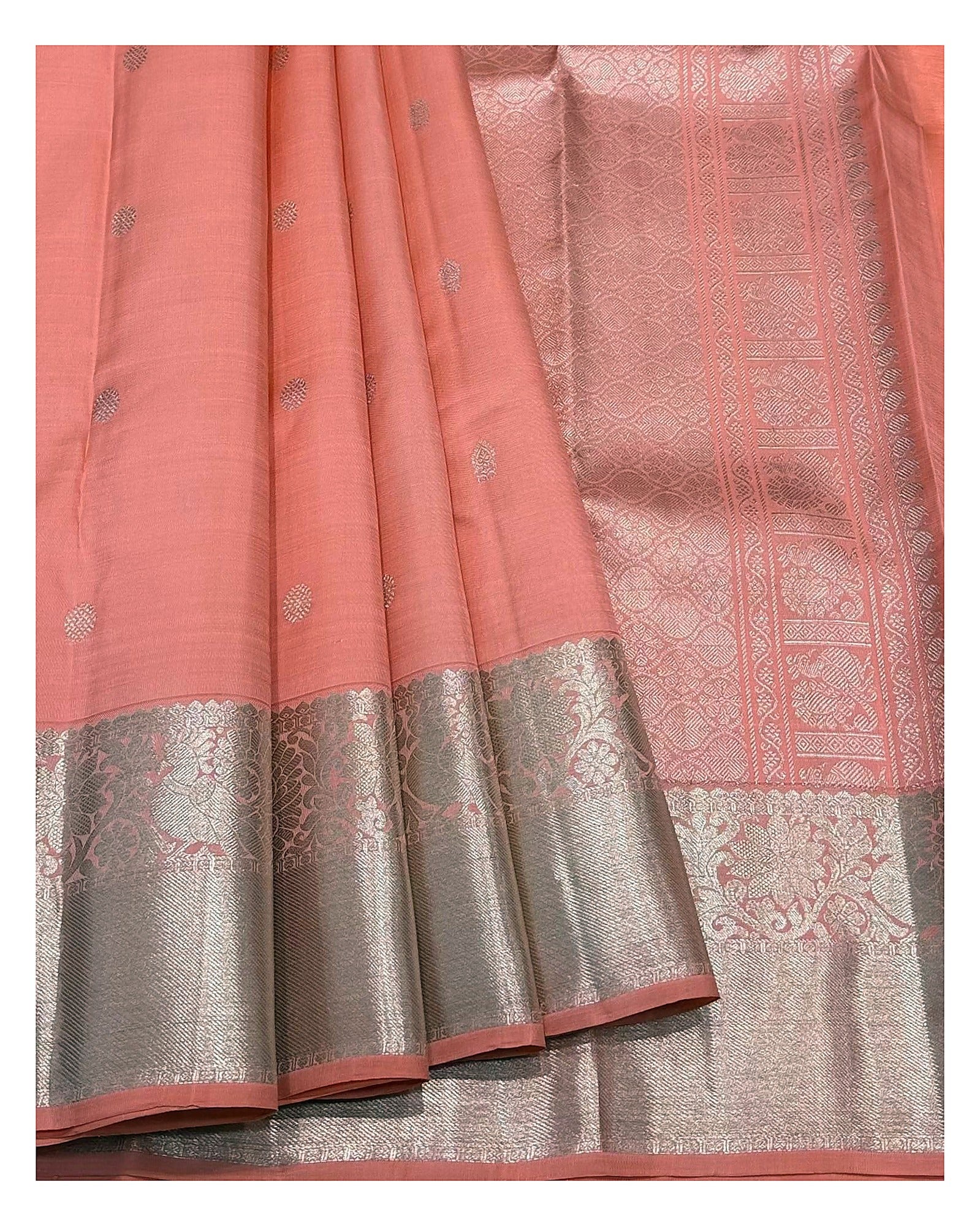 Rose Pink Handwoven Kanchipuram Silk Saree with Butta Motifs and Floral Zari Border