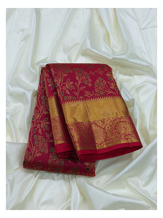 Rose Pink Handwoven Kanchipuram Silk Saree with Gold Floral Vine Weave and Antique Zari Border