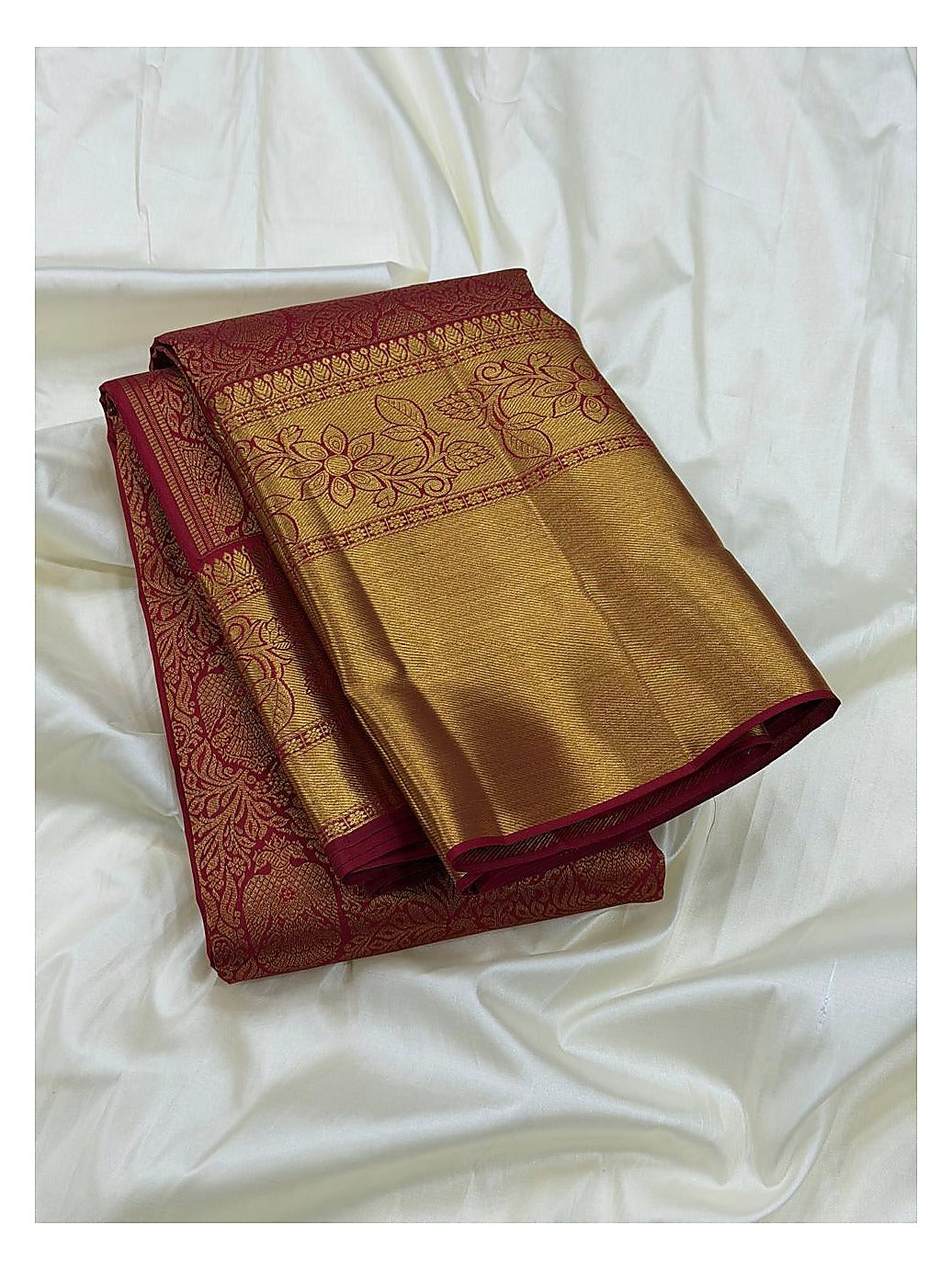 Rose Pink Handwoven Kanchipuram Silk Saree with Gold Floral Weave and Antique Zari Border front view