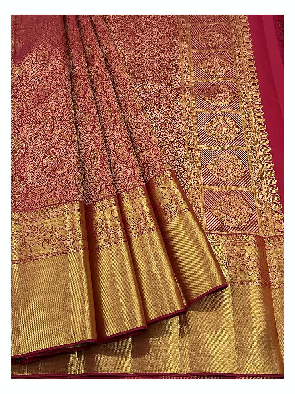 Rose Pink Handwoven Kanchipuram Silk Saree with Gold Floral Weave and Antique Zari Border
