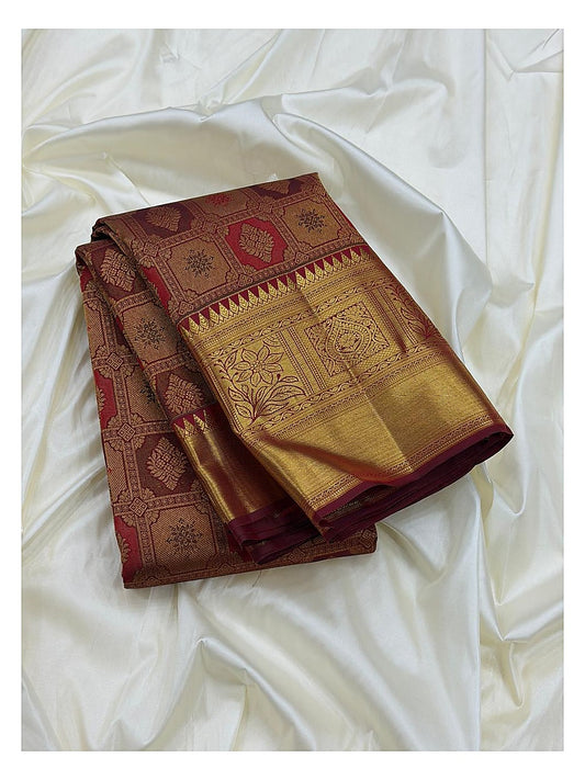 Rose Pink Handwoven Kanchipuram Silk Saree with Gold Geometric Butta Weave and Antique Zari Border