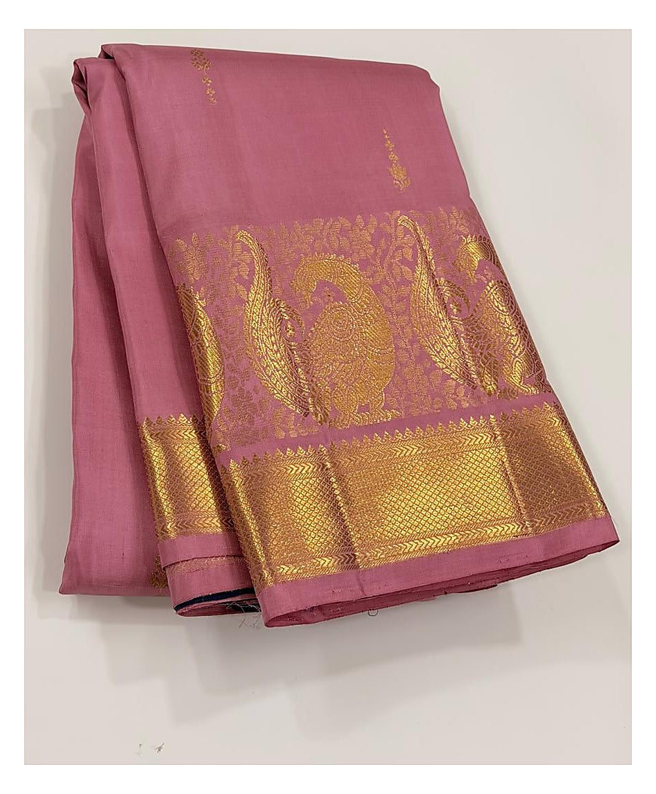 Rose Pink Handwoven Kanchipuram Silk Saree with Peacock Border and Royal Blue Pallu front view