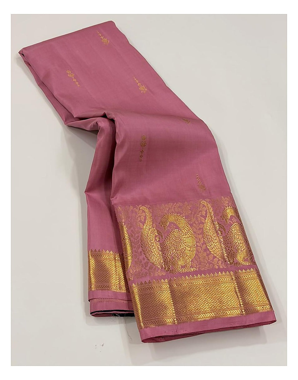 Rose Pink Handwoven Kanchipuram Silk Saree with Peacock Border and Royal Blue Pallu