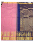 Rose Pink Handwoven Kanchipuram Silk Saree with Peacock Border and Royal Blue Pallu