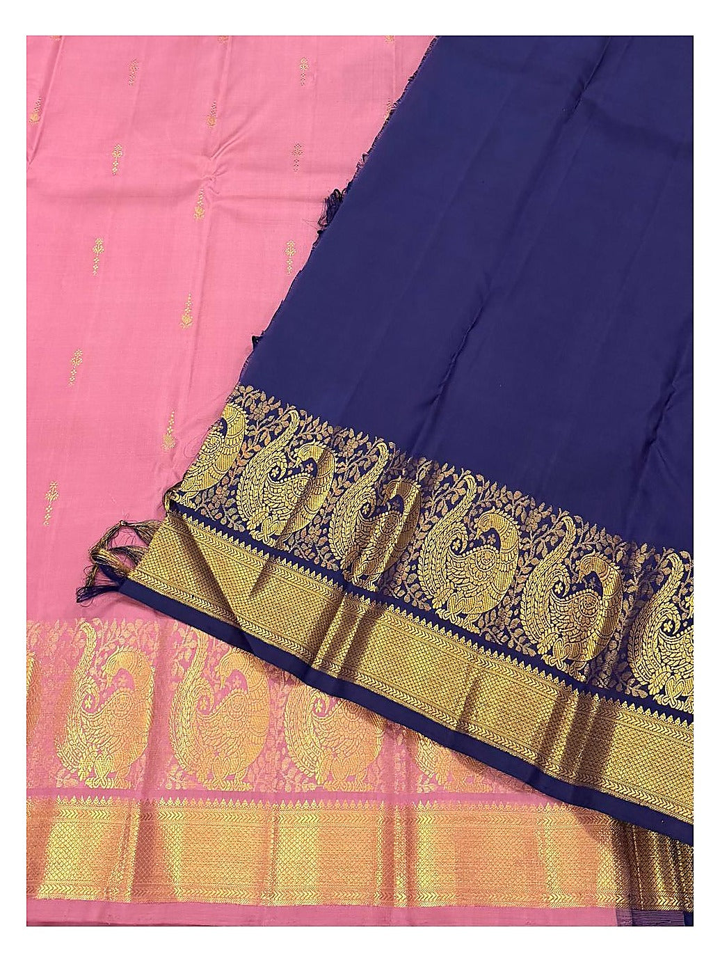 Rose Pink Handwoven Kanchipuram Silk Saree with Peacock Border and Royal Blue Pallu