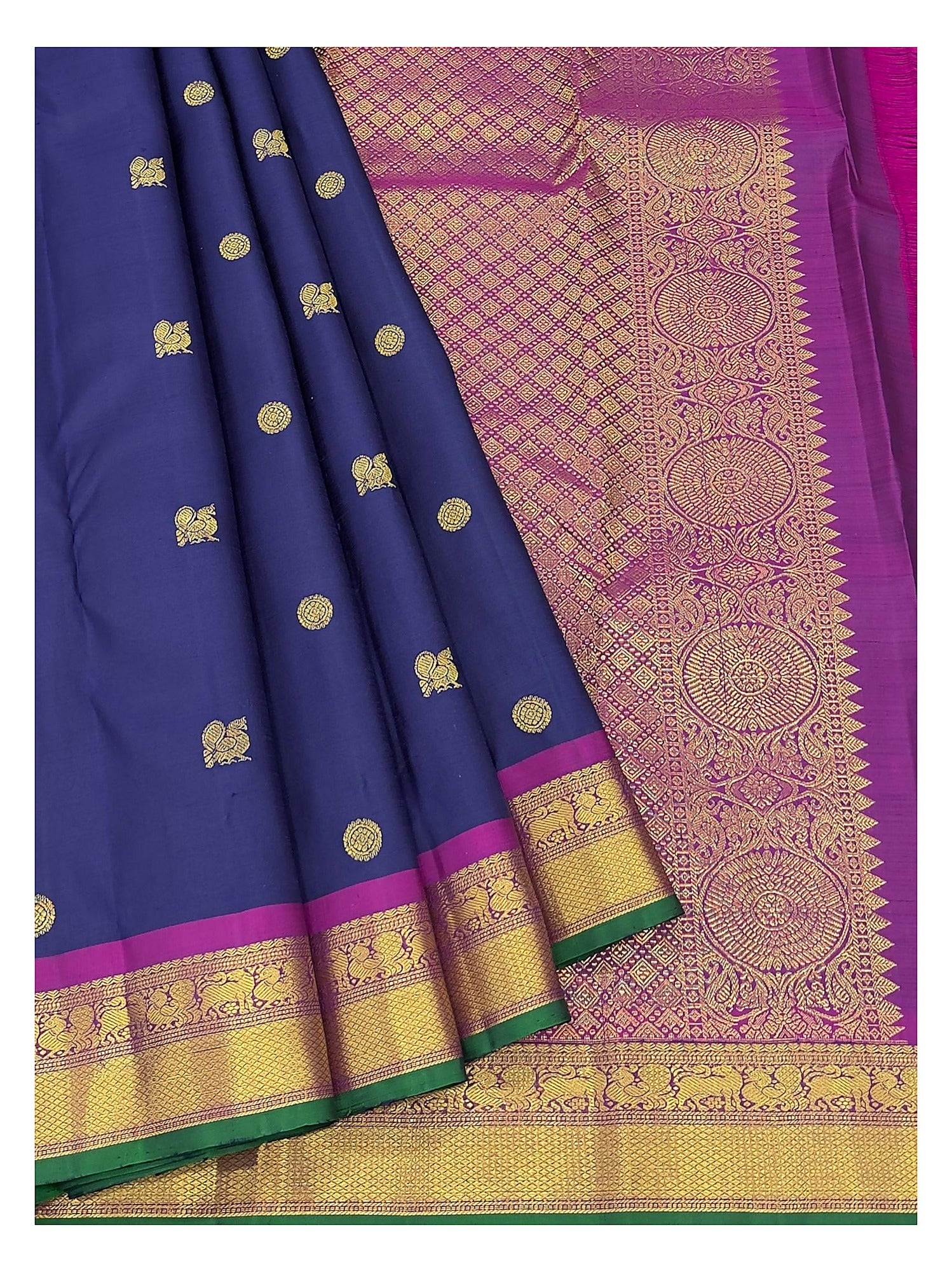 Royal Blue Handwoven Kanchipuram Silk Saree with Contrast Magenta Pallu front view