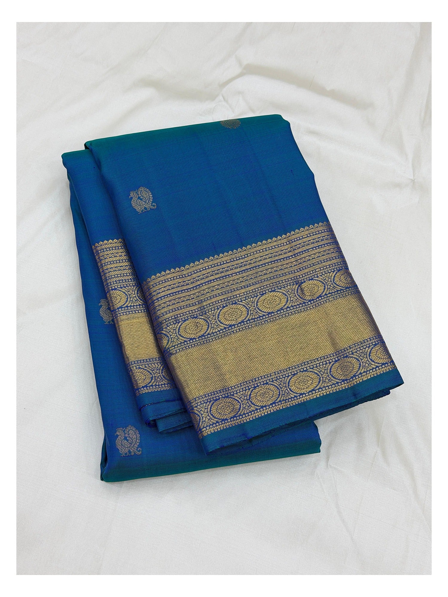 Royal Blue Handwoven Kanchipuram Silk Saree with Gold Border and Buttas front view