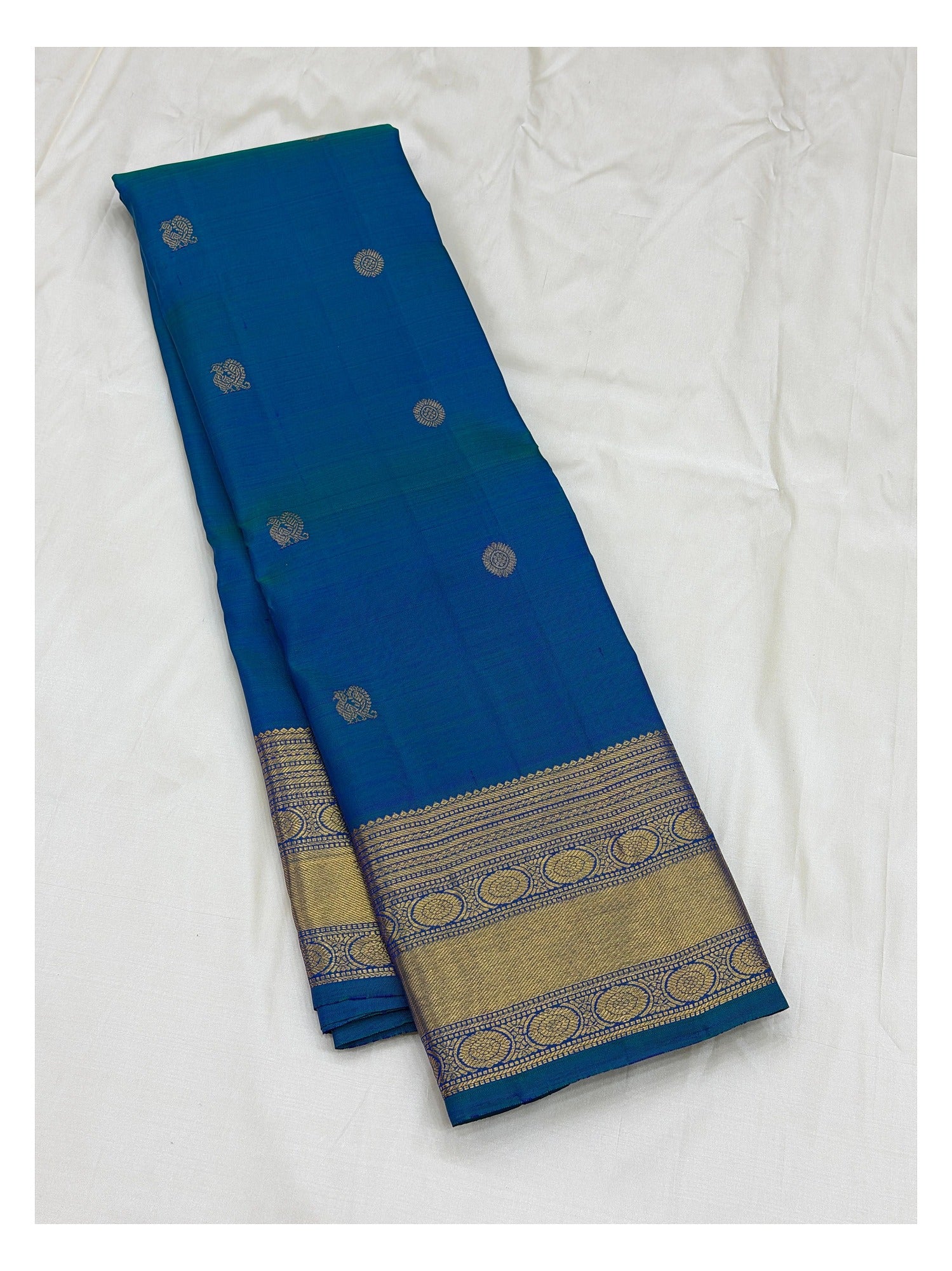 Royal Blue Handwoven Kanchipuram Silk Saree with Gold Border and Buttas