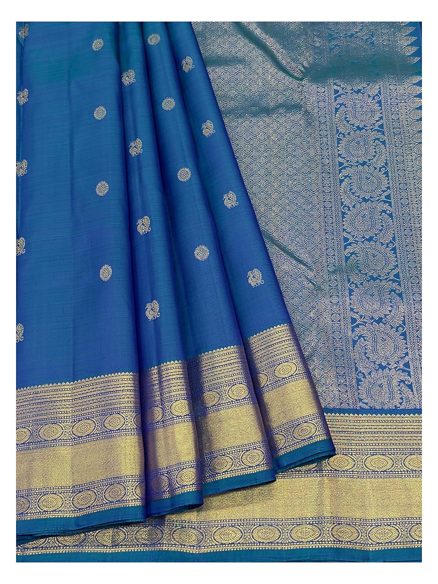 Royal Blue Handwoven Kanchipuram Silk Saree with Gold Border and Buttas