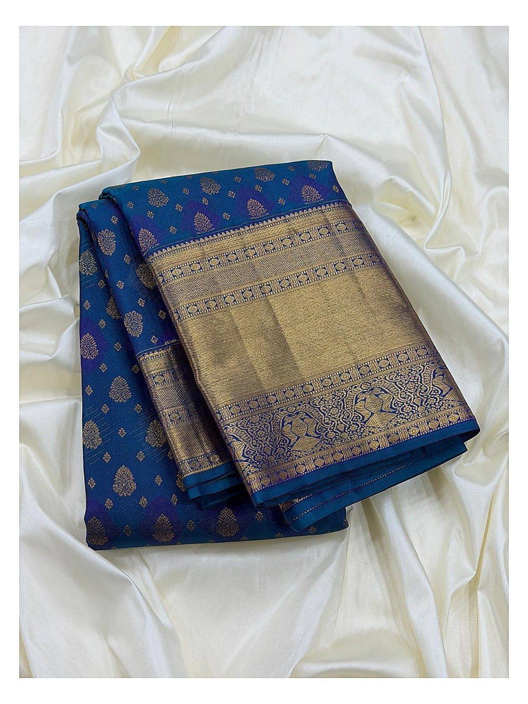 Royal Blue Handwoven Kanchipuram Silk Saree with Gold Butta Motifs and Antique Zari Border