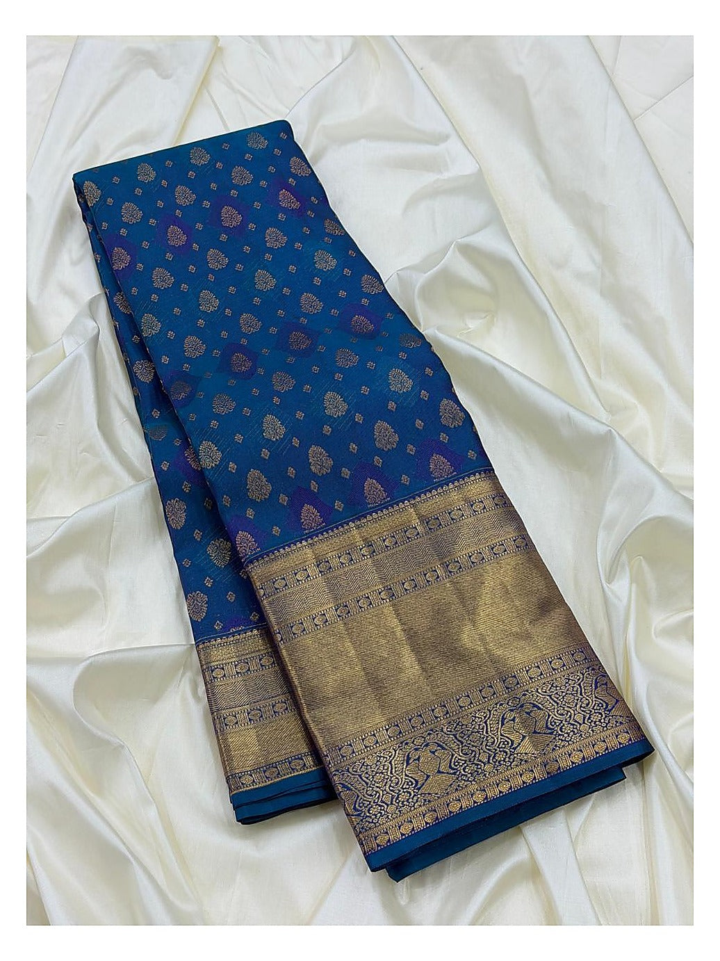 Royal Blue Handwoven Kanchipuram Silk Saree with Gold Butta Motifs and Antique Zari Border