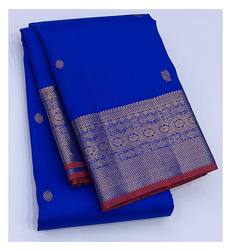 Royal Blue Handwoven Kanchipuram Silk Saree with Gold Zari Border front view