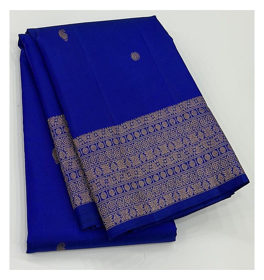 Royal Blue Handwoven Kanchipuram Silk Saree with Zari Buttas and Broad Gold Border front view