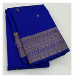Royal Blue Handwoven Kanchipuram Silk Saree with Zari Buttas and Broad Gold Border front view