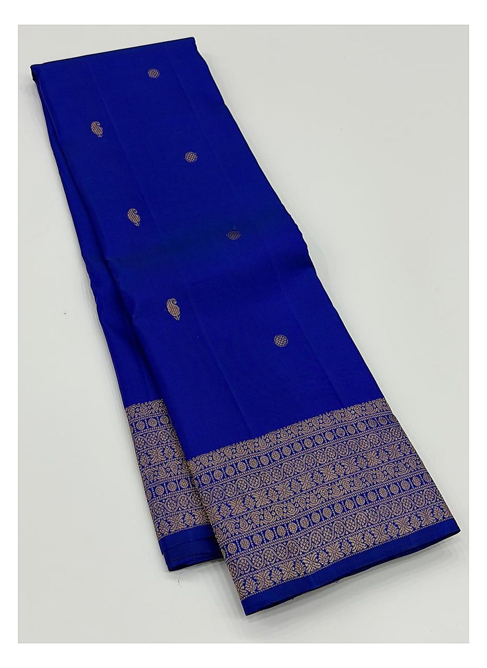 Royal Blue Handwoven Kanchipuram Silk Saree with Zari Buttas and Broad Gold Border