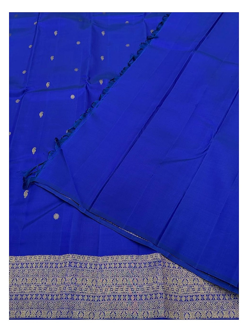 Royal Blue Handwoven Kanchipuram Silk Saree with Zari Buttas and Broad Gold Border